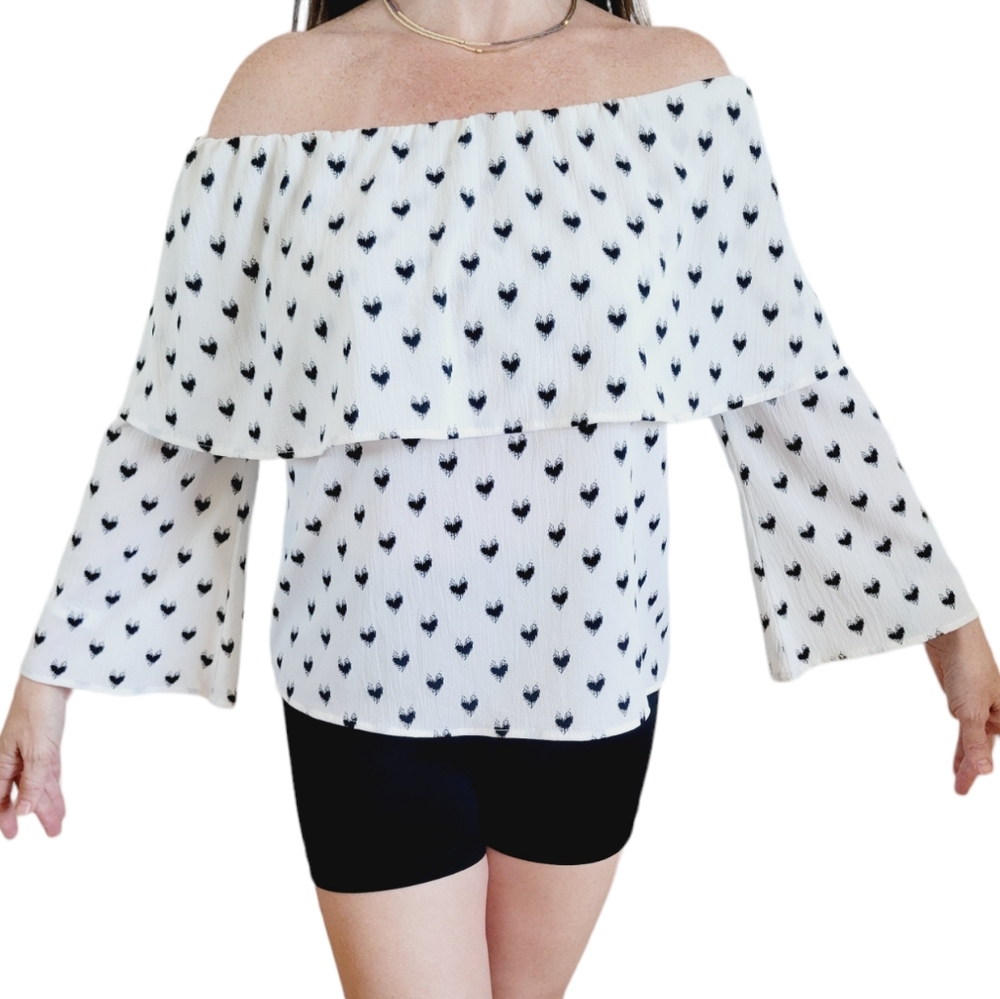 🌺3 for $10 Rue21 Heart Print Strapless Bell Sleeve Blouse - Picture 9 of 9